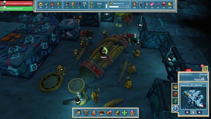 Robot miners dig out a rocket underground in SteamWorld Build