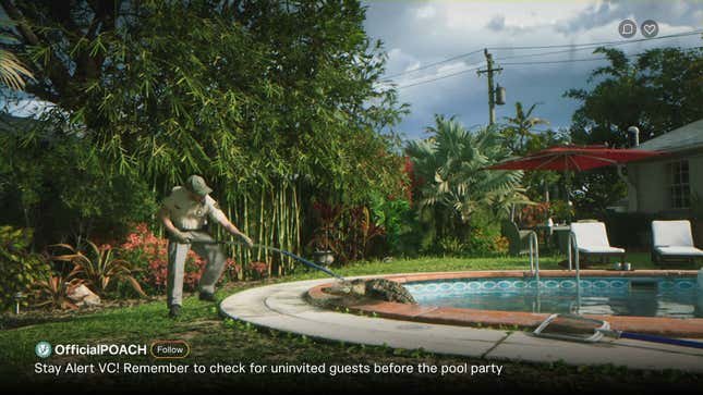 A man in a uniform pulls a gator out of a pool.