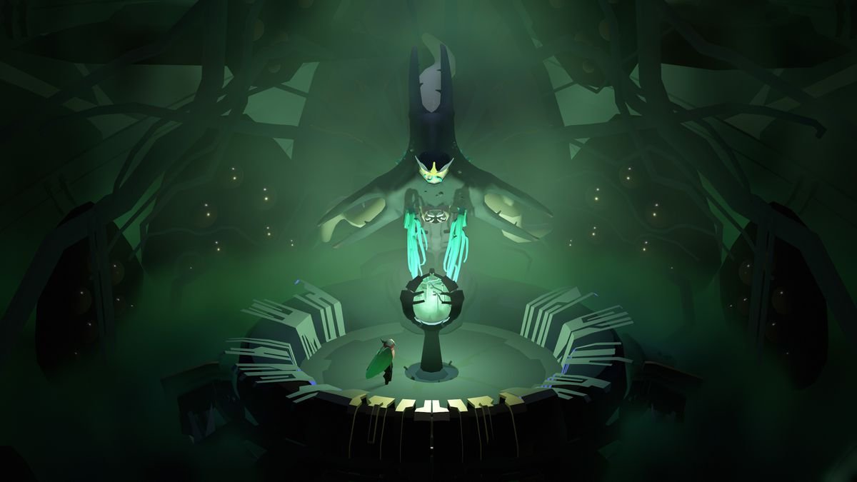 The protagonist of Cocoon glances up at a towering mothman figure in a greenish room