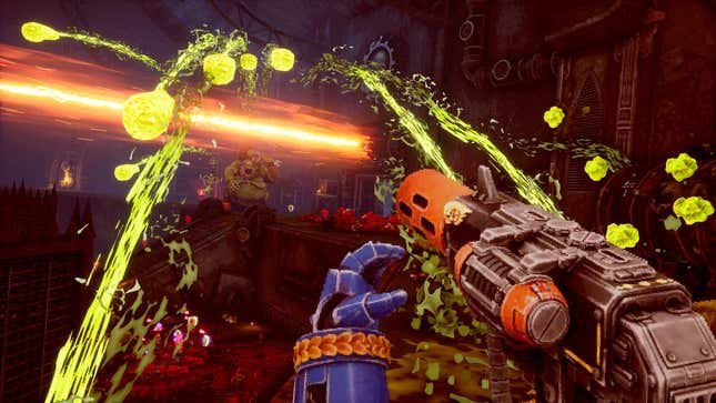 A screenshot shows someone shooting a goo gun in Boltgun. 