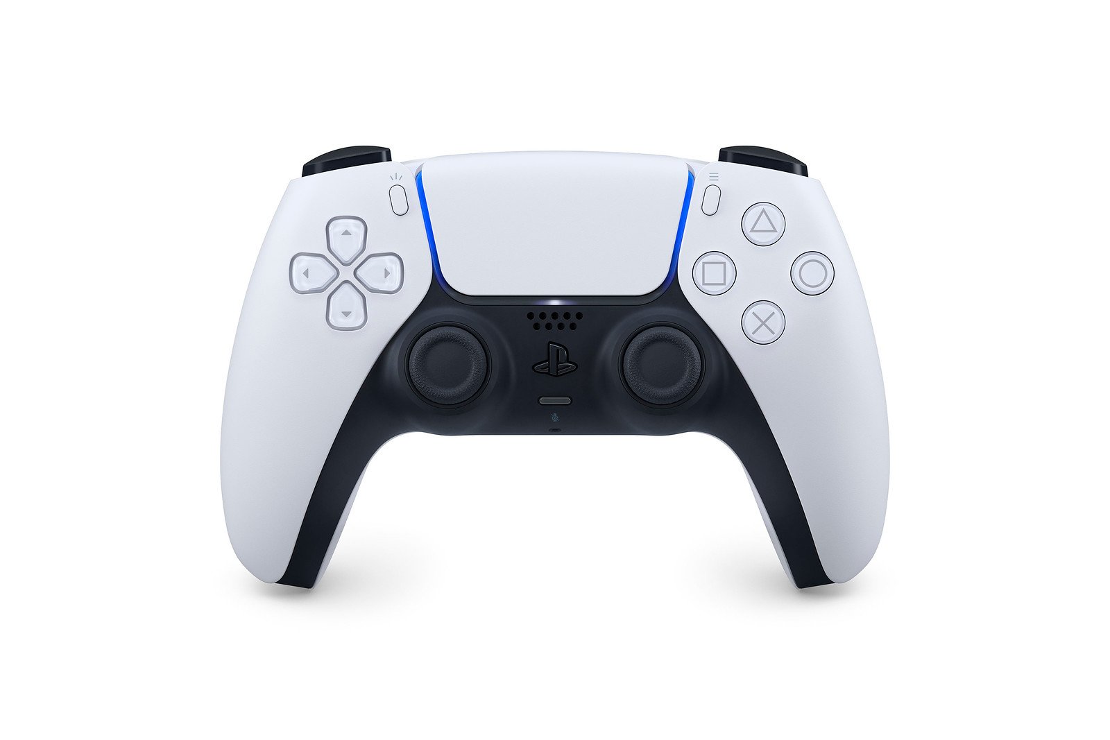 Image of a white DualSense wireless controller on a white background