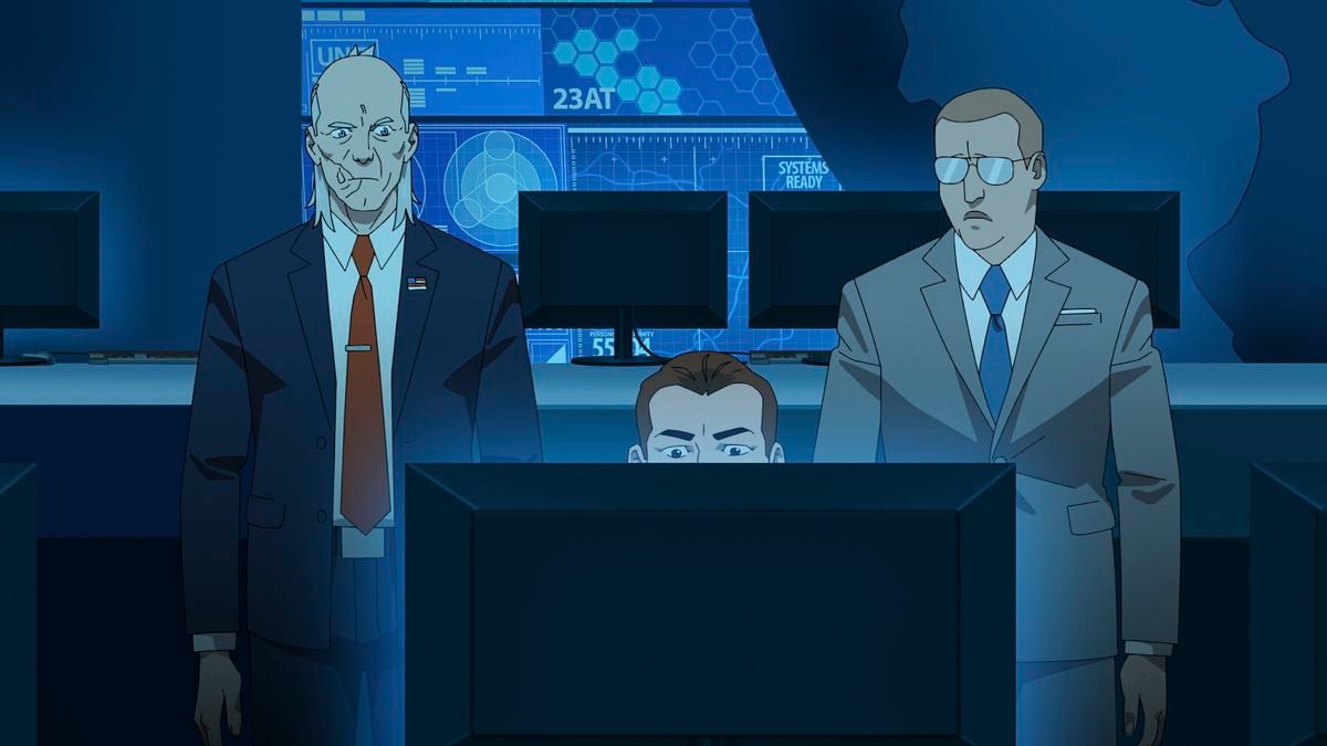 Cecil Steadman and Donald Ferguson look at a computer monitor together in Invincible season 2