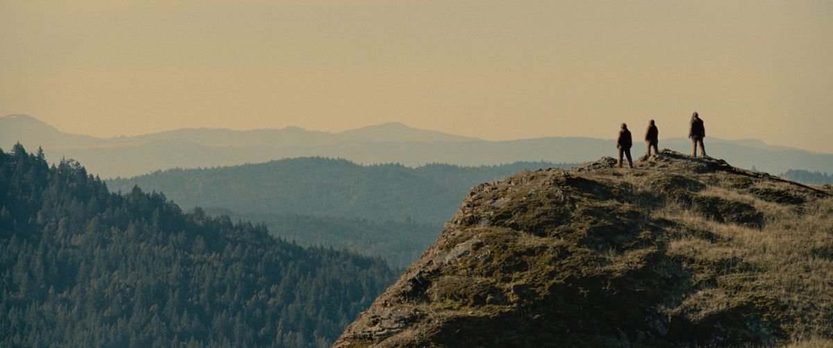 Three sasquatches overlook a forest vista in Sasquatch Sunset