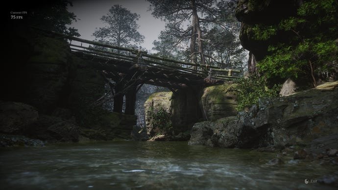 A screenshot of the Black Myth: Wukong benchmark tool in action, showing a wooden bridge over a quiet river.